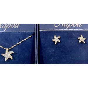 Starfish Necklace & Earrings Set Pave' Crystals Gold-tone NIB 16"‎ +2" Napoli